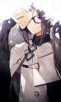  akuta_hinako black_sweater book brown_hair buttons commentary_request earrings fate/grand_order fate_(series) glasses highres holding holding_book jewelry long_hair looking_at_viewer open_book petals ponita ribbed_sweater solo sweater turtleneck turtleneck_sweater twintails very_long_hair 