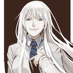  bad_id bad_pixiv_id blue_eyes formal jormungand koko_hekmatyar necktie snake_mouth solo suit umeboshitora white_hair 