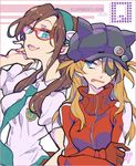  animal_hat blue_eyes brown_hair cat_hat evangelion:_3.0_you_can_(not)_redo eyepatch glasses hat jacket makinami_mari_illustrious multiple_girls neon_genesis_evangelion orange_hair rebuild_of_evangelion school_uniform shikinami_asuka_langley shinoasa souryuu_asuka_langley track_jacket twintails 