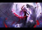  bellerophon blindfold blood chain dagger fate/stay_night fate_(series) highres horse kzcjimmy long_hair pegasus purple_hair rider solo thighhighs very_long_hair weapon wings 