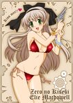  bikini brown_background character_name copyright_name eiyuu_densetsu elie_macdowell green_eyes grey_hair gun handgun highres leonard_liew long_hair red_bikini revolver solo swimsuit weapon zero_no_kiseki 