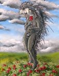  black_eyes chastity cloud clouds flower fur grey_fur hair key looking_at_viewer male mammal outside porcupine rodent rose ruaidri shy smile solo standing traditional traditional_media white_hair 