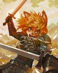  armor attacking battle blonde_hair blue_eyes breastplate cat chainmail chestplate cloud clouds feline female first_person_view gauntlets hair knight looking_at_viewer mammal niking short_hair sun sword weapon 