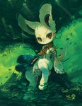  animal_ears armor cloth creature dated extvia forest fur furry green leaf nature no_humans original paws sitting smile solo tail water yellow_eyes 