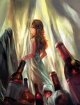  bad_id bad_pixiv_id bare_shoulders bottle brown_eyes brown_hair cup drinking_glass expressionless from_behind highres kzcjimmy long_hair looking_back lupin_iii mine_fujiko solo wine_glass 