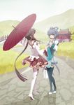  braid bridge brown_hair grey_hair hair_rings liusang luo_tianyi multiple_girls oriental_umbrella thighhighs umbrella vocaloid vocanese yuezheng_ling 