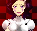  1girl arrancar bleach blush breast_grab breasts checkered checkered_background cirucci_sanderwicci facial_mark grabbing hair_ornament lipstick makeup nail_polish open_mouth puffy_sleeves purple_eyes purple_hair purple_lipstick purple_nails self_fondle short_twintails smile twintails wavy_hair 