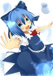  akisha bad_id bad_pixiv_id blue_eyes blue_hair blush bow cirno hair_bow heart heart-shaped_pupils highres ice ice_wings open_mouth short_hair short_sleeves smile solo symbol-shaped_pupils touhou wings 