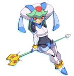  armor bad_id bad_pixiv_id beruzumi-m cropped_jacket fingerless_gloves gloves green_hair helmet pandora_(rockman) red_eyes robot_joints rockman rockman_zx solo staff weapon 