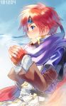  1boy armor blue_armor blue_eyes blush cape fire_emblem fire_emblem:_fuuin_no_tsurugi gloves headband male_focus nintendo red_hair roy_(fire_emblem) short_hair simple_background snow solo yuki_(yuki2061) 