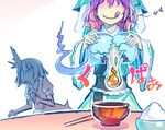  2girls :q blush bowl broken_egg chopsticks eighth_note hat hitodama konpaku_youmu konpaku_youmu_(ghost) kupaa multiple_girls musical_note no_eyes outline pink_hair rice saigyouji_yuyuko short_hair sketch tongue tongue_out touhou translation_request yolk zounose 