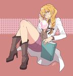  1girl artist_name beauty_mark blonde_hair book boots braid breasts brown_background cleavage earring earrings glasses hair_ribbon high_heels jewelry labcoat milcho mole open_clothes open_shirt original parted_lips payot ribbon shirt shoes sidelocks simple_background single_braid sitting skirt solo yellow_eyes 