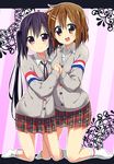  :d bad_id bad_pixiv_id black_hair blush brown_eyes brown_hair cardigan hair_ornament hairclip hand_on_hip hirasawa_yui holding_hands k-on! k-on!_movie kneeling kurou_(quadruple_zero) long_hair looking_at_viewer multiple_girls nakano_azusa no_shoes open_mouth outline pink_eyes plaid plaid_skirt pleated_skirt round_teeth short_hair skirt smile teeth twintails 