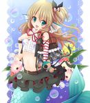  bag belt bermuda_triangle bermuda_triangle_cadet_shizuku bow brown_hair cardfight!!_vanguard detached_sleeves fins flower frills frilly green_eyes hair_bow handbag looking_at_viewer mermaid midriff miniskirt monster_girl plushie purse ribbon scales skirt stuffed_animal stuffed_toy 