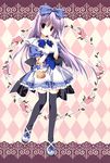  absurdres airi_(alice_or_alice) alice_or_alice argyle argyle_background basket black_legwear bow dress hair_bow highres korie_riko long_hair purple_eyes purple_hair solo thighhighs very_long_hair 