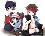  1girl 2boys artist_request black_hair blue_eyes blush brown_eyes censored clothed_sex double_bun fellatio group_sex hat hue_(pokemon) kyouhei_(pokemon) mei_(pokemon) midriff multiple_boys navel oral panties panties_aside pantyhose pink_panties pixiv_manga_sample pokemon pokemon_(game) pokemon_bw2 red_eyes sex spitroast tilapiacanth underwear vaginal visor_cap 