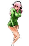  bare_legs blush bottomless breasts cleavage clothes_tug drawfag green_shirt headphones highres impossible_clothes impossible_sweater large_breasts long_hair naked_sweater nitroplus pink_hair red_eyes ribbed_sweater shirt solo super_sonico sweater sweater_tug 