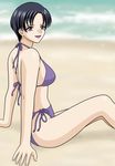  beach bikini black_hair day gundam gundam_seed natarle_badgiruel non-web_source purple_eyes short_hair side-tie_bikini sitting solo swimsuit taishita 