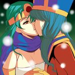  bad_id bad_pixiv_id blue_hair bodysuit circlet dragon_quest dragon_quest_iii elbow_gloves gloves green_hair hat holding_hands kiss latex latex_gloves masao mitre multiple_girls priest_(dq3) red_eyes sage_(dq3) scarf yuri 