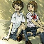  bow brown_eyes brown_hair character_request konno_makoto kusairo_sakura lowres multiple_girls oekaki school_uniform shadow short_hair sitting skirt smile toki_wo_kakeru_shoujo 