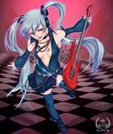  belt blue_eyes chain checkered checkered_floor choker cross detached_sleeves guitar hagane_miku hagane_vocaloid instrument long_hair miniskirt momopanda navel open_clothes open_shirt shirt silver_hair skirt smile solo thighhighs twintails vanishing_point vocaloid zettai_ryouiki 