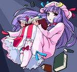  bangs blunt_bangs book crescent floating full_body hat holding long_hair long_sleeves looking_at_viewer manji_taba mob_cap open_book patchouli_knowledge purple_eyes purple_hair solo touhou very_long_hair 