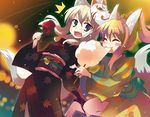  2girls animal_ears bad_id bad_pixiv_id blonde_hair blue_eyes blush_stickers candy_apple closed_eyes cotton_candy festival food fox_ears fox_mask fox_tail japanese_clothes kimono mask mask_on_head multiple_girls original oryou ponytail tail yukata 