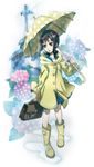  bad_id bad_pixiv_id black_hair boots brown_eyes flower hydrangea kaga_ai mole mole_under_eye polka_dot polka_dot_umbrella rain raincoat sayonara_zetsubou_sensei school_briefcase sena_(mineruba) solo telephone_pole umbrella 