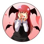  :d ^_^ bad_id bad_pixiv_id bat_wings circle closed_eyes fang hands_on_own_face head_wings heart koakuma long_hair mukunoki_nanatsu open_mouth red_hair round_image simple_background smile solo touhou wings 