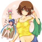  animal_ears blue_hair bob_cut brown_hair bunny_ears camisole estellise_sidos_heurassein green_eyes judith midriff multiple_girls pink_hair pointy_ears rita_mordio shiina_you_(tomoshibi) strap_slip tales_of_(series) tales_of_vesperia 