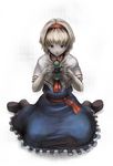  alice_margatroid bad_id bad_pixiv_id belt blue_dress blue_eyes cape dress hairband ibn looking_afar necktie pale_skin red_neckwear short_hair short_sleeves simple_background sitting solo touhou wariza white_background 