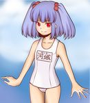  blue_hair colorized hair_bobbles hair_ornament highres kawashiro_nitori one-piece_swimsuit rakueru school_swimsuit short_hair solo swimsuit touhou two_side_up urin white_school_swimsuit white_swimsuit 