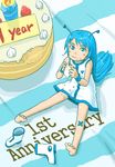  anniversary antennae bandaid barefoot blue_eyes blue_hair blush boots cake child crumbs dress eating feet food food_on_face from_above long_hair looking_up minigirl naotan pastry pixiv pixiv-tan shoes_removed sitting solo very_long_hair 
