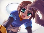  aile android bent_over brown_hair green_eyes legwear_under_shorts pantyhose pantyhose_under_shorts pov rockman rockman_zx short_hair shorts solo_focus tomoshibi_hidekazu 