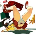  backpack bad_id bad_pixiv_id bag banana banana_peel book brown_hair food fruit full_body hood hood_down hoodie legs mary_janes masao original panties pantyshot randoseru school_uniform shoes skirt socks solo tripping twintails underwear 