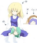  :x bad_id bad_pixiv_id blonde_hair green_hair kirishima_(pixiv) kochiya_sanae moriya_suwako multiple_girls purple_hair pyonta ribbon sleeping touhou translated yasaka_kanako yukkuri_shiteitte_ne |_| 