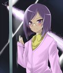  blush code_geass collared_shirt glass glasses gundam gundam_00 hane_(hanegoya) jacket long_sleeves looking_at_viewer male_focus otoko_no_ko pink_jacket purple_eyes purple_hair serious shirt short_hair solo tieria_erde upper_body yellow_shirt 