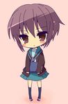  blue_skirt blush_stickers book cardigan chibi eyebrows_visible_through_hair full_body hijiki_(hijikini) holding holding_book kita_high_school_uniform kneehighs legs_apart long_sleeves looking_at_viewer miniskirt nagato_yuki open_cardigan open_clothes pink_background purple_hair red_ribbon ribbon school_uniform serafuku shoes short_hair simple_background skirt solo standing suzumiya_haruhi_no_yuuutsu uwabaki 