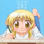  album_cover barefoot blonde_hair blush character_single cover hidamari_sketch highres miyako non-web_source official_art scan simple_background smile solo yellow_eyes 