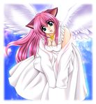  animal_ears bell blue_eyes breasts cat_ears cleavage dress highres large_breasts original pink_hair solo tomoya_kankurou wings 