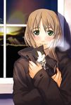  blush breath brown_hair cat coat copyright_request ganzyu_i green_eyes long_hair smile solo window 