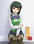  bow breast_squeeze breasts gift green_hair headset idolmaster idolmaster_(classic) idolmaster_1 large_breasts miniskirt mole mole_under_mouth muhi11234 otonashi_kotori pencil_skirt red_eyes ribbon short_hair sitting skirt smile solo thighhighs uniform zettai_ryouiki 