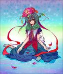  bad_id bad_pixiv_id colorful dress flower front_ponytail green_hair kagiyama_hina long_hair nomichi ribbon solo touhou translated 