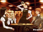  3girls alcohol beer blazer blonde_hair bow brown_hair charlotte_francia choker closed_eyes copyright_name crossed_legs cup drinking hair_bow hand_in_pocket hand_on_hip holding indoors jacket juni_argiano li_shuhua long_hair long_sleeves mug multiple_girls neck_ribbon necktie ooyari_ashito phill_junhers plaid puffy_sleeves quartett! restaurant ribbon school_uniform shirt sipping sitting skirt skirt_set striped sweat table uniform vertical_stripes very_long_hair vest wavy_hair 