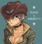  breasts cleavage collar copyright_request cowboy_hat hair_over_one_eye hat hits itou_eito large_breasts short_hair solo western 