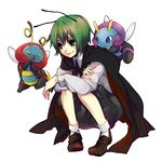  androgynous antennae bad_id bad_pixiv_id black_cape black_shorts blue_eyes bobby_socks brown_footwear cape crossover fingernails full_body gen_3_pokemon green_eyes green_hair hair_between_eyes highres illumise long_sleeves pokemon pokemon_(creature) shirt shoes short_hair shorts simple_background socks squatting todoroki_sora touhou volbeat white_background white_legwear white_shirt wriggle_nightbug yellow_eyes 