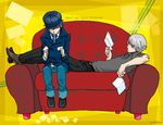  1girl androgynous blue_hair boots cabbie_hat card couch hat holding holding_card mizuno_(hal0527) narukami_yuu persona persona_4 ranguage reverse_trap shirogane_naoto short_hair silver_hair 