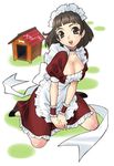  breasts brown_eyes brown_hair cleavage copyright_request doghouse kneeling large_breasts maid short_hair solo yukiyanagi 