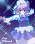  blue_eyes hat lavender_hair letty_whiterock omuni outstretched_arms short_hair smile snowflakes solo spread_arms touhou 