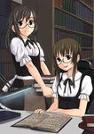  book copyright_request ganzyu_i glasses lamp librarian library multiple_girls reading smile 
